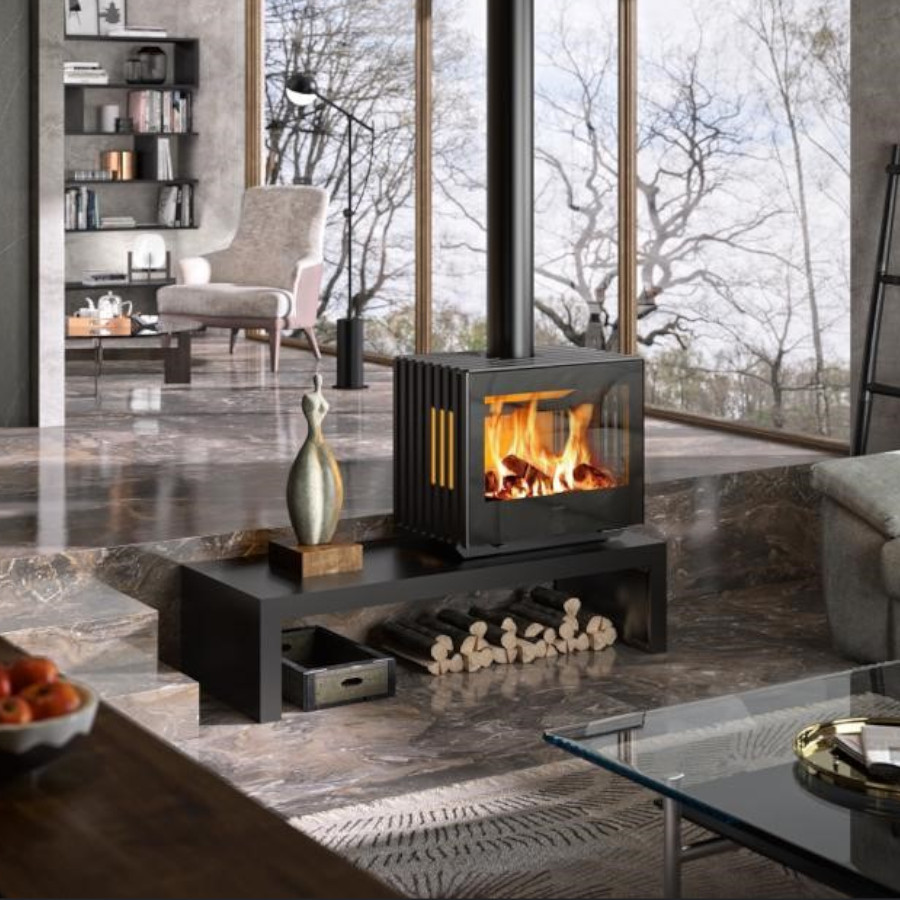 Hergom Glance Wide Wall Hung on Table Stand Ecodesign Woodburning Stove